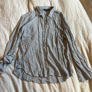 Grey & White Striped Long Sleeve Button Up